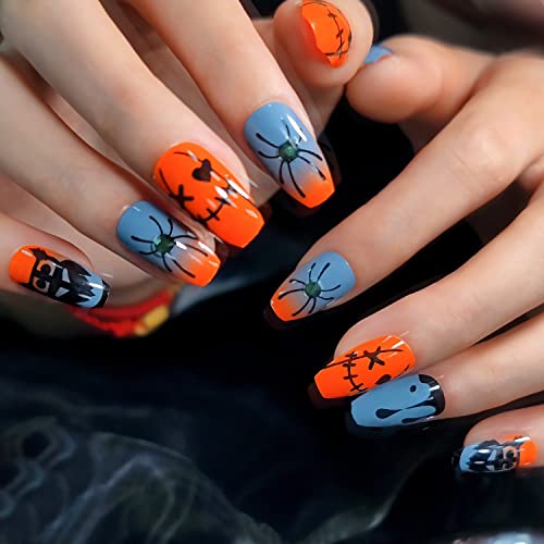 Halloween Press on Nails Short Square Fake Nails with Nail Glue Spider Web False Nails Acrylic Full Cover Stick on Nails for Women Girl Manicure Design Decorations 24Pcs
