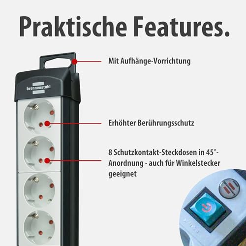 Brennenstuhl Premium-Line Steckdosenleiste 8-Fach (Mehrfachsteckdose mit Schalter und 3m Kabel, Steckdosenleiste Wandmontage, Made in Germany) schwarz/grau