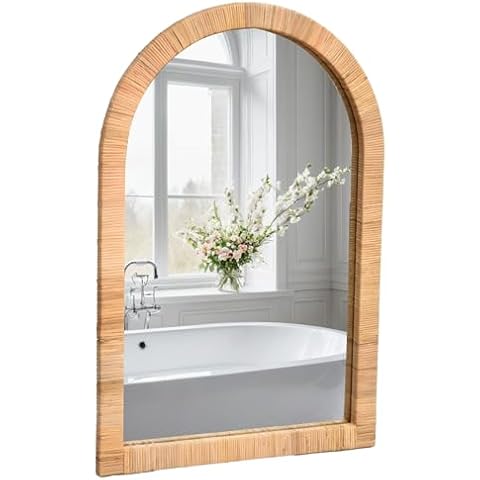 FUIN 20" x 30" Arched Rattan Frame Wall Mirror for Farmhouse Boho Bathroom Cover
