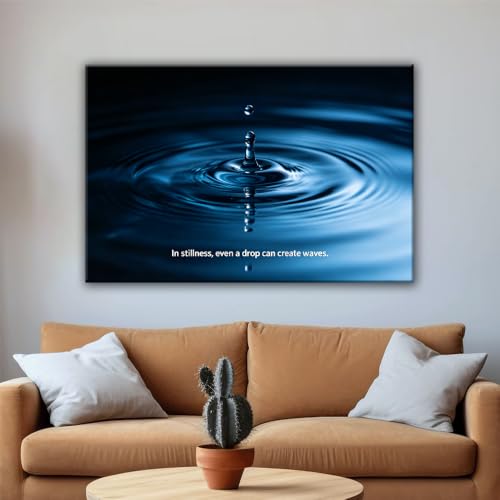 Dark Blue Water Drop Ripple Motivational Wall Art in Stillness Even A Drop Can Create Waves Liquid Splash Minimal Canvas Print Calm Decor for Bathroom Spa Bedroom (20x30Inch Frame) - Image 3