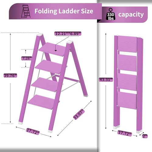 4 Step Lightweight Folding Ladder for Home, 330lbs Aluminum Step Ladder Anti-Slip for Kitchen, Step Stool Foldable Adults for Closet, 330lbs - Light Purple by ESTIFY - Image 3