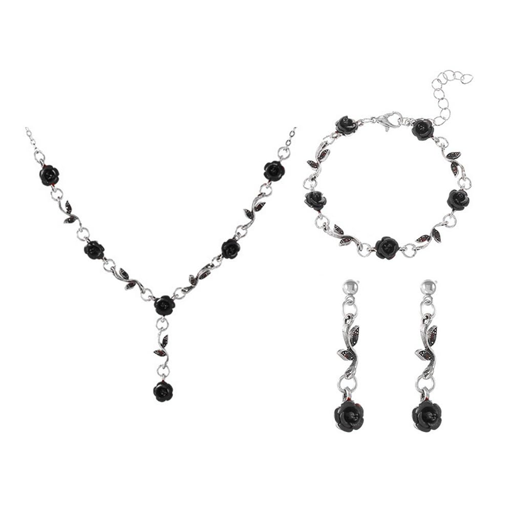 KBRPEY Mujer Conjunto de joyas de Rosa Collar con Colgante Rosa Pulsera y Aretes, Conjunto de Joyería para Mujer y Niña Collar de Rosa para Boda San Valentín Fiesta de Cumpleaños