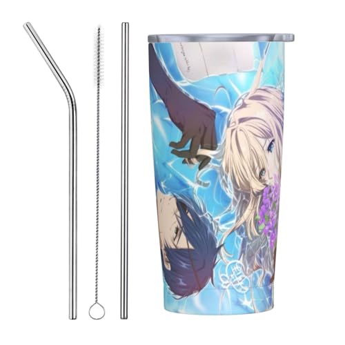 ヴァイオレットエヴァーガーデン アニメ ストロー&ストローブラシ付き マグカップ コーヒーカップ 600ml コンビニカップ タンブラー ステンレス製 保冷 保温 車用 蓋付き 持ち運び 水筒 大容量 直飲み キャラクター 人気 プレゼント