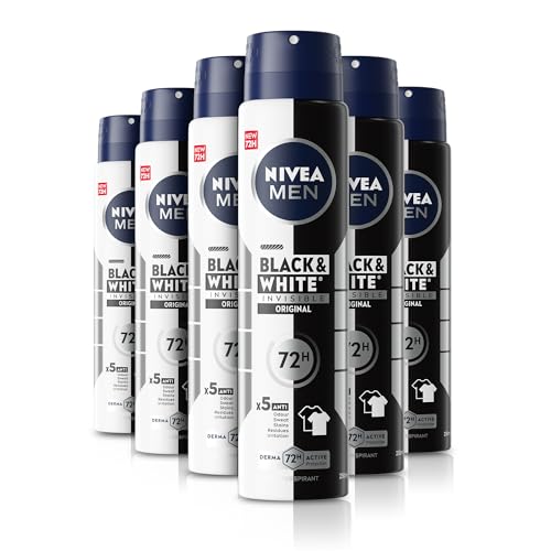 NIVEA MEN Invisible for Black & White Original Anti-Perspirant Deodorant Spray (250ml Pack of 6) 0% Alcohol Aerosol Spray Anti-Mark and Anti-Sweat Mens Anti-Perspirant Deodorant
