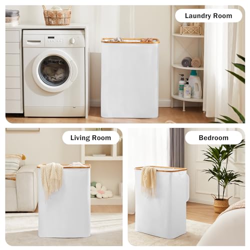 YOUDENOVA Wäschekorb mit Deckel 3 Fächer 160L Wäschesammler mit 3 Wäschesäcke Groß faltbarer Wäschesortierer Holz Bambus Wäschetruhe hoch, Weiß