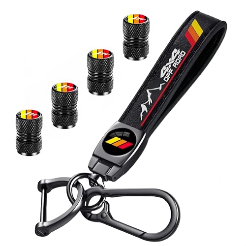 4pcs Tri-Color Valve Stem Caps Cover and 3 Color Car Leather Key Chain 4x4 Offroad Mountain Keychain Compatible with Tacoma 4Runner Tundra Rav4 Highlander TRD Accessories (Red 4X4)