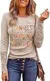Women's Flannels Pumpkin Hayrides Bonfires Shirts Halloween Fall Pumpkin Halloween Thanksgiving Family Party Lace Long Sleeve Tops(M,Q-B-Apricot)