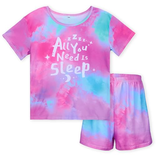 MHJY Mädchen Schlafanzug Kinder Pyjama-Set,2-teiliges Pjs Set mit Kurz-Shirt und Shorts Kinder Schlafanzug Größe 8–14 Jahre Sommer Nachtwäsche