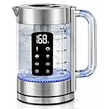 OVENTE Digital Glass Electric Tea Kettle 1.7L with Color-Changing LED Lights Temperature Control, Double-Wall Cool Touch, 4 Presets, Keep Warm, Tea Infuser & Boil-Dry Protection, Silver KGD913S