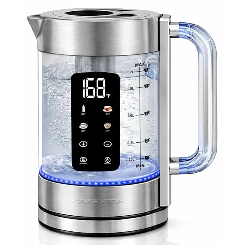 Image of OVENTE Digital Glass Electric Tea Kettle 1.7L with Color-Changing LED Lights Temperature Control, Double-Wall Cool Touch, 4 Presets, Keep Warm, Tea Infuser & Boil-Dry Protection, Silver KGD913S