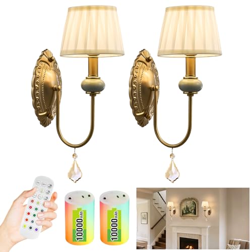 Wireless Battery Operated Antique Brass Wall Sconces Set of 2, 10000mAh Rechargeable Gold Crystal Vintage Fabric Shade Wall Lights with Bulbs & Remotes, RGB Dimmable for Living Room Bedroom Hallway