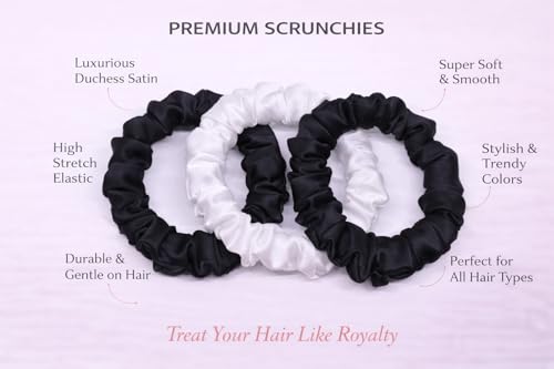 Image of Satin Scrunchies Hair Bands for Women | No-Damage Elastic Hair Ties for Ponytails & Buns | Fluffy & Stylish Rubber Bands | Free Size | Pack of 3 (Set of Black and Off White Color)