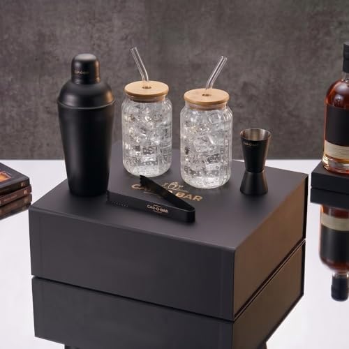 Image of Car-O-Bar Black Bar Set with Glasses Gift Set | 5 Pieces Bartender Kit:Cocktail Shaker, Jigger,Ice Tong, Set of 2 Cocktail Sippers