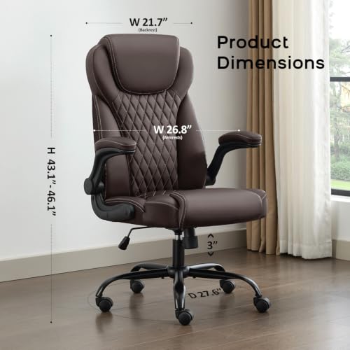 Image of amseatec Big and Tall Office Chair, Flip-Up, Executive Desk Chair, Brown | Ergonomic Leather High Back, Lumbar Support, 90 Lock, 115 Tilt, 20 Spring Packs, 300lbs Capacity, Wide Seat /Smooth Casters