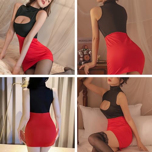 Lehrerin Dessous-Sets für Damen Sexy Damen Cosplay Kostüme Büro Sekretärin Outfit Klassisch Lehrer Uniform mit Ouvert Strümpfe Kleid Ärmellos Hohl Wickelkleid – Bild 4