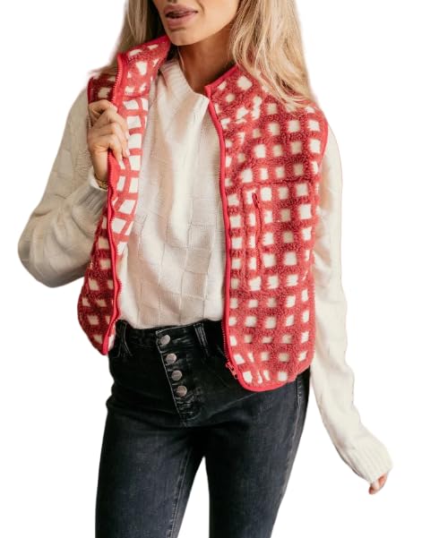 Women's Checkered Polar Fleece Vest, Sleeveless Zip Up Fleece Top Crochet Plaid Sherpa Collared Vest