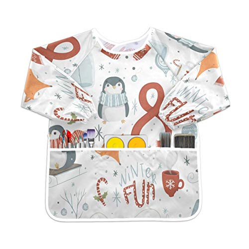 クリスマスペンギンスノー幼児用キッズスモック子供用防水エプロンアートペインティングスモックよだれかけ3ポケット付き