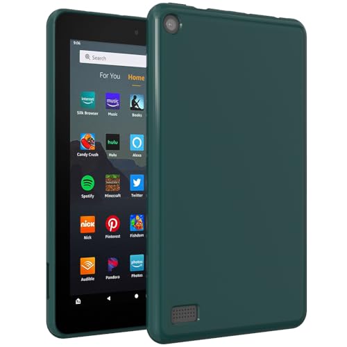 Callyue Case for Kindle Fire 7 Tablet Case (Compatible with 5th 7th 9th Generation, 2015 2017 2019 Release), Rubber Soft Skin Silicone Protective Cover for Fire 7 2019, Dark Green