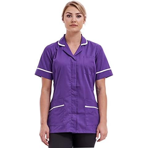 Fashion Link Women's Healthcare Tunic Round Collar Tunics Nurses Uniform Maid Dresses NLT05 Size 8 to 26 (12, Purple/White) Cover