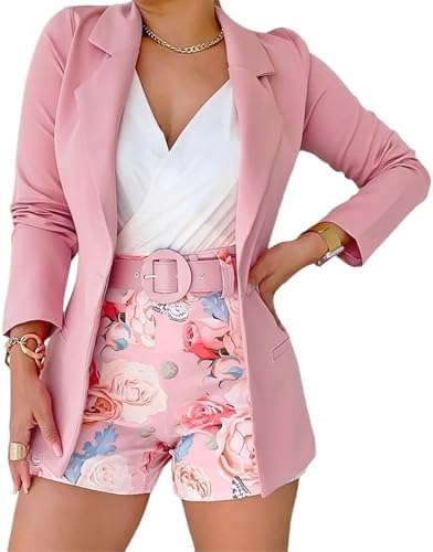 CHICME Womens 2 Piece Blazer Set Open Front Blazer Coat with Flor...