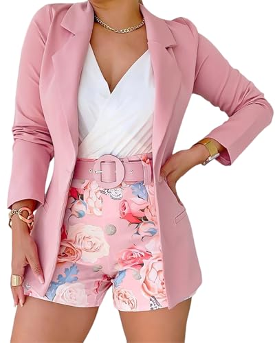 CHICME Womens 2 Piece Blazer Set Open Front Blazer Coat with Floral Print Shorts Summer Suits Set 2025 (Without Belt)