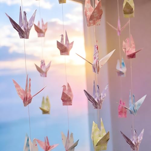 Image of Pink Cherry Blossom Crane Paper Hanging Garland(3stringsX 5.2ft), Japanese Origami Bird Streamers, Sakura Flower for Bridal Shower, Baby Shower Birthday Party Supplies. Garden Ceiling Decor