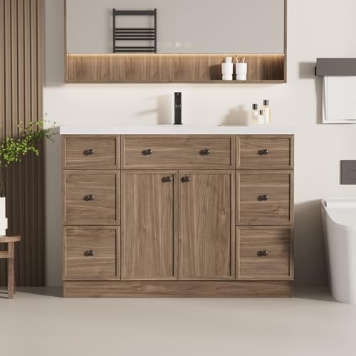 LUCKWIND 48" Farmhouse Bathroom Vanity with Sink Combo, Rustic Modern Bathroom Cabinet with Undermount Solid Surface Single Sink, Soft-Close Hinges & Water-Saving Faucet, Taupe
