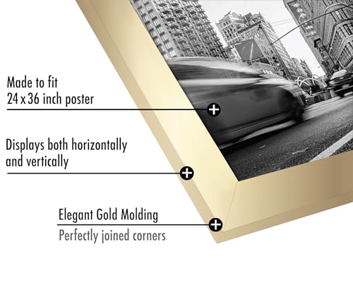 Americanflat 24x36 Poster Frame with Polished Plexiglass - Gold Picture Frame - Wide Photo Frames Made of Engineered Wood for Vertical or Horizontal Wall Display - Epic Collection - Gold