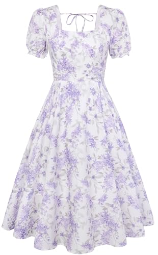Image of Belle Poque Women's Vintage Midi Cottagecore Cocktail Dresses | Belle Poque Women's Vintage Cottage Core Dress,A-line,Midi,Square Neck,Homecoming Dress,Cocktail Dress,Sun Dress