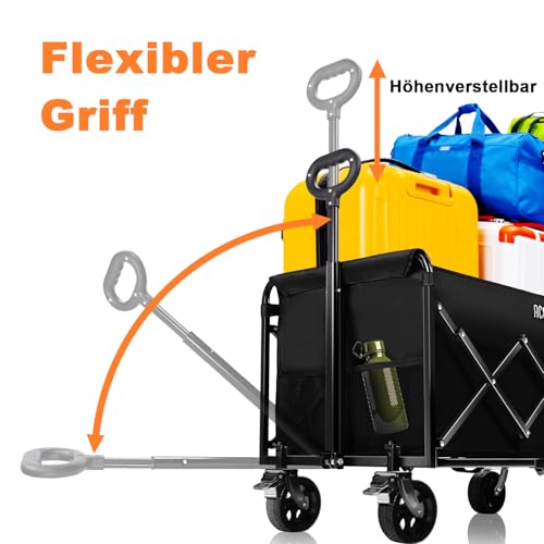Bollerwagen Faltbar, Handwagen faltbar 150L Tragkraft 150KG mit verstellbarem Griff, Offroad-Rädern für Camping Garten Outdoor 94x43x42cm