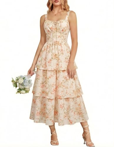 Corset Dress for Women Wedding Guest Floral Dresses Tiered Ruffle Maxi Cottagecore Dress Apricot Rose Size 10