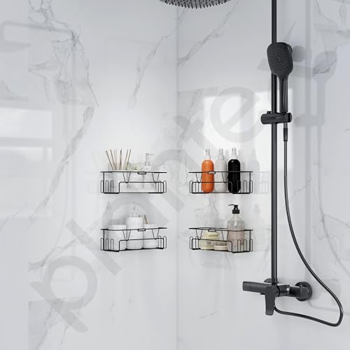 Image of Plantex GI Steel Bathroom Accessories Self Adhesive /Bathroom Shelf for Wall Without Drilling with Side Hooks & Magic Sticker - Black, Powder Coated (Pack of 4)