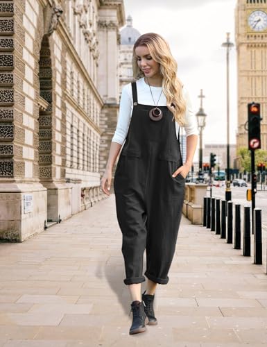 YESNO Women Long Casual Loose Bib Pants Overalls Baggy Rompers Jumpsuits with Pockets PV93