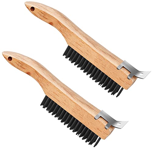 Noosverl Wire Brush Set of 2 - 4 Row Wire Scratch Brush - Stainless Steel Rust Removal Brush - Wooden Long Handle Wire Brush for Cleaninga