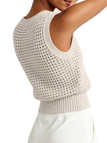 Image of Women's Crochet Tank Tops Sleeveless Sequins Lightweight Sweaters Bohemian Beach Hollow Out Knitted Vest