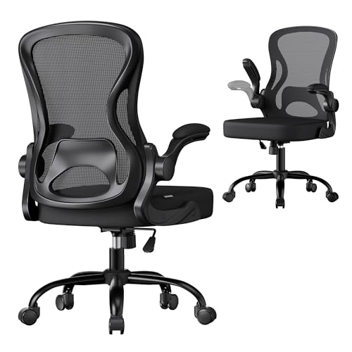 SONGMICS Ergonomic Office Chair, Mesh Swivel Desk Chair with Lumbar Support, Rocking Function, Flip-Up Armrests, for Home Office, Bedroom, Black OBN042BH03