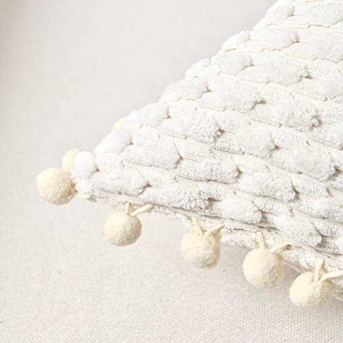 Fancy Homi Set of 2 Boho Cream Decorative Throw Pillow Covers 18x18 Inch with Pom-poms for Couch Bed Sofa, Modern Farmhouse Home Decor, Soft Plush Corduroy Cute Cushion Case 45x45 cm - Image 5