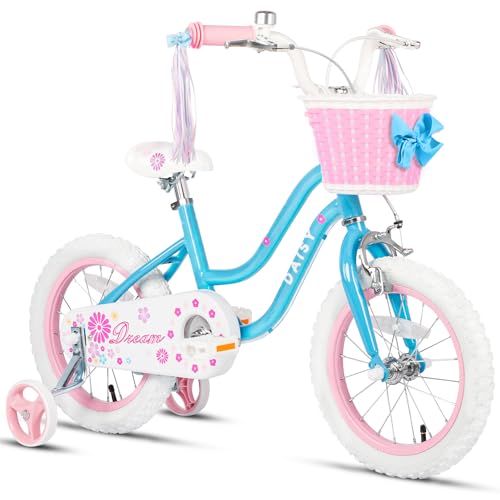 Glerc Daisy vélo pour Enfants 16 Pouces 4 5 6 7 Ans Fille vélo avec Streamer Panier stabilisateur et Cloches Bleu