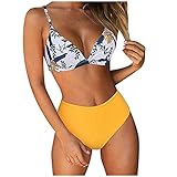 Tankini Damen,Damen-Bikini mit gepolstertem Oberteil und seitlicher Schnürung an der Seite, Triangel-Bikini, Rom-Druck, niedrige Taille, Riemen, geteilter Badeanzug Bikini Damen Sexy Gelb, L Bikini