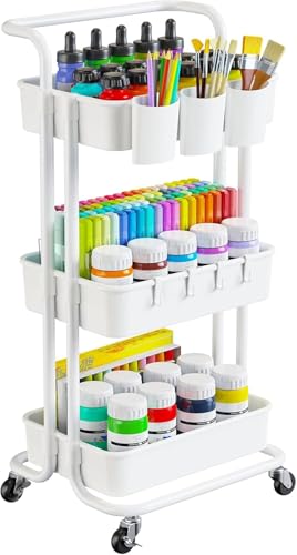 Pipishell 3 Tier Rolling Cart - Art & Craft Organizer Cart with Hanging Cups & Hooks - White Metal Storage Carts with Wheels Perfect for Craft Room, Office, Kitchen, Bedroom, Bathroom, Laundry Room