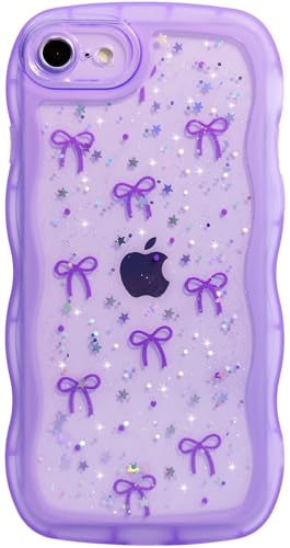 Qokey for iPhone 6S/6 Plus Case 5.5', Glitter Star & Curved Edge Handle Grip Design, Military-Grade Shockproof TPU Cover, Sparkle Protection Scratch-Resistant, Holographic Purple Bow