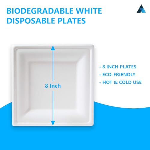 Nationwide Paper 8 Inch Biodegradable Square Paper Plates, Bagasse White Disposable Plates, Strong Party Plates (50 Pcs) - Image 2