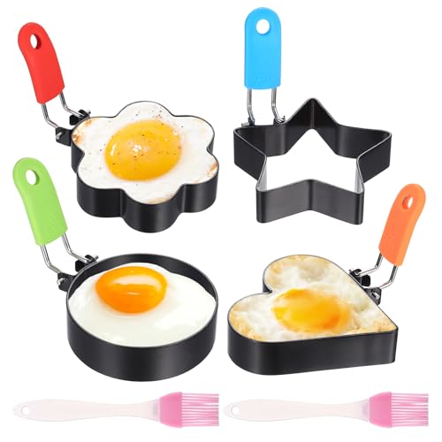 4 Piezas Molde para Huevos, Moldes para Huevos Fritos en Sartén, Moldes para Pancakes, Molde de Acero Inoxidable para Omelettes, Molde Antiadherente para Huevos con Mango + 2 Pinceles para Aceite