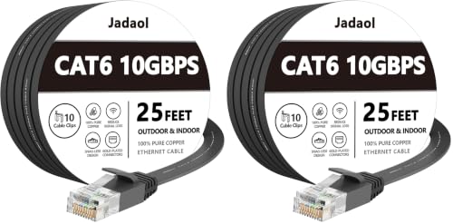 Image of Jadaol Cat6 Ethernet Cable 25FT with Clips 10Gbps Flat Network Cable, Black (Pack of 2)