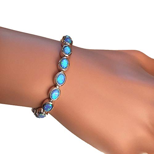 Paul Wright Created Blue Opal Bracelet In 925 Sterling Silver, 17 Oval Opal Links, With Vibrant Blue Color, 7" Plus 1" Extender #TOP1