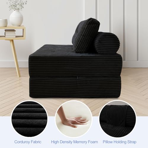 Image of ANONER Sectional Cloud Couch, Folding Sofa Bed with Memory Foam & Pillow, Convertible Futon Chair Floor Couch, Boneless Chaise Lounge, Fold Out Sleeper Chair for Living Room, Bedroom, Black