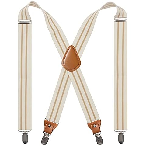 Cedrainy Men's Suspenders 1.4 Inch Wide Braces With 4 Clips X Back Adjustable Elastic Snap Suspender(Cream) Cover