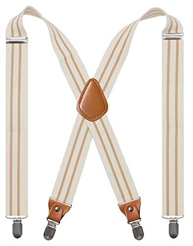 Cedrainy Men's Suspenders 1.4 Inch Wide Braces With 4 Clips X Back Adjustable Elastic Snap Suspender(Cream) #TOP5
