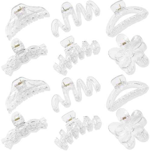 12 Pcs Claw Clips Multi-Shapes Hair Clips for Women Girls Non-Slip Large Jaw Claw Clips for Thick Thin Curly Hair Accessories (Clear)