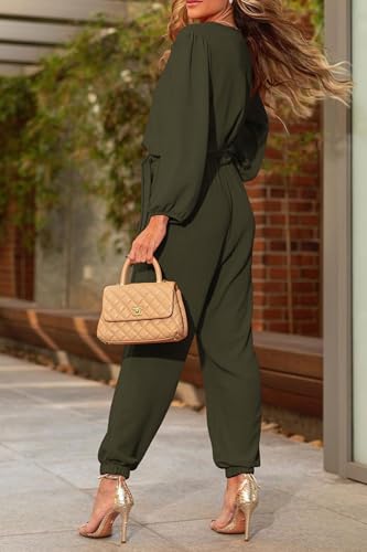 PRETTYGARDEN Women's Fall Jumpsuits Dressy Casual Pants Romper Spring Long Sleeve V Neck Belt Pockets One Piece Outfits